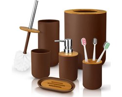 Igoods Badkamerset - Badkamer - Accessoires - Set van 6 - Zeepdispenser - Zeephouder - Tandenborstelhouder - Prullenbak - Drinkbeker - Toilethouder met Borstel - Bruin