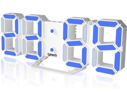 Igoods Digitale Tafelklok - Led Wekker Klok - Digitale 3D Wekker - Moderne Bureauklok - Met Temperatuurmeter - Wit/Blauw
