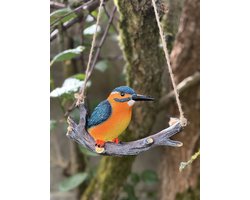 Ijsvogel op tak hangend 24 cm hoog - polyester - polyresin - polystone - hoogkwalitatieve kunststof - decoratiefiguur - interieur - accessoire - voor binnen - voor buiten - cadeau - geschenk - Kerst - Nieuwjaar - tuinbeeld