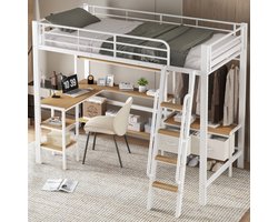 IJzeren bed, hoogslaper, inclusief twee stoffen opbergboxen, met bureau en opbergrek, vier verdiepingen met schuine trap, ijzer + MDF, wit + naturel, 90 x 200 cm