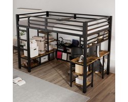 IJzeren bed, hoogslaper, met bureau en opbergruimte, stevige lattenbodems, ladder met 4 treden, ijzer + spaanplaat, zwart + donker, 120 x 200 cm