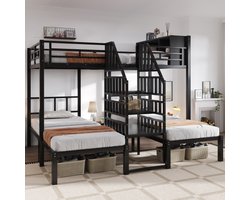 IJzeren bed, stapelbed, met drie slaapplaatsen, comfortabele trap met leuningen, stabiele bedframeconstructie, bovenste bed met opbergruimte, ijzer, zwart, 90x200cm & 140x200cm