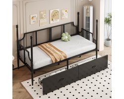 IJzeren slaapbank 90*200, rugleuning en armleuningen van netweave in vintage stijl, omgeven door hoge pilaarsteun, metalen frame met opbergvakken, ijzeren eenpersoonsbed, tienerbed, zwart