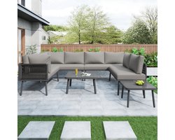IJzeren tuinloungestoelset, U-vormige tuinmeubelset, balkonmeubelset, weerbestendige hoekbank voor buiten, terrasmeubilair voor buiten, voor 8 personen, met 2 tafels en 4 tweezitsbanken, kussens inbegrepen, diversen