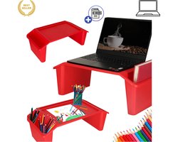 Ikonka Laptoptafel rood voor bed en bank met zijvakken - multifunctionele bedtafel van stevig kunststof laptopstandaard met tablethouder en telefooninkeping comfortabel op schoot lichtgewicht en praktisch voor thuisgebruik Met Ebook