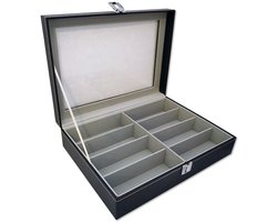 Ilènne - Brillendoos met glazen deksel - Zwart met grijze binnenkant - 8 vakken / brillen opbergen