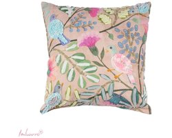 Imbarro Home & Fashion Kussen Vivid – Bloemen & Vogels met Borduursels – 45 x 45 cm