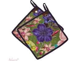 Imbarro - Pannenlappen - Set 2 stuks - Emma - Groen - Flores Fiesta - 25x25cm