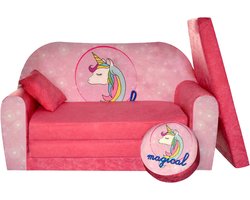 Imperatoris - 2-in-1 Kinderbank van Schuim, Kruk en Kussen - 2-zits Uitklapbaar Kindersofa - Kinderzetel - Kinderfauteuil - Slaapbank voor Peuters - Peuterstoeltje - Kinderbankje - Kindermeubels voor Speelgoed - 100 x 170 x 60 cm - Eenhoorn - Roze