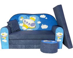 Imperatoris - 2-in-1 Kinderbank van Schuim, Kruk en Kussen - 2-zits Uitklapbaar Kindersofa - Kinderzetel - Kinderfauteuil - Slaapbank voor Peuters - Peuterstoeltje - Kinderbankje - Kindermeubels voor Speelgoed - 100 x 170 x 60 cm - Airplane - Blauw