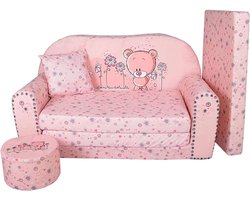 Imperatoris - 2-in-1 Kinderbank van Schuim, Kruk en Kussen - 2-zits Uitklapbaar Kindersofa - Kinderzetel - Kinderfauteuil - Slaapbank voor Peuters - Peuterstoeltje - Kinderbankje - Kindermeubels voor Speelgoed - 100 x 170 x 60 cm - Beertje - Roze