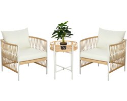 Imperatoris 3-delige Rattan Tuinset – Bistroset met 2 Stoelen, Salontafel en Wasbare Kussens – Geel en Crème