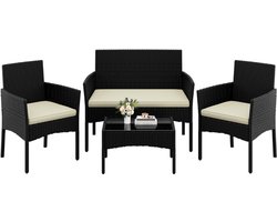 Imperatoris 4-delige Tuinmeubelset – Handgevlochten Polyrattan Balkonset met 2-Zits Sofa, 2 Stoelen, Salontafel en Wasbare Kussens – Zwart en Beige