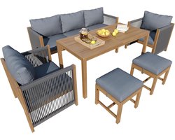 Imperatoris - 6-delige Tuinmeubelset met 3-Zitsbank, 2 Stoelen, 1 Tafel, 2 Eenpersoonsbanken en Tuinstoelkussens - Tuintafel met Stoelen - Tuinstoelen - Tuinset - Tuinsets - Balkonset - Bistroset voor Buiten - Natuurlijk en Grijs