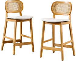 Imperatoris - Barstoel met Rugleuning - Industrieel Design- stoel voor Keuken- binnen en Buiten- met Voetsteun- Comfortabele - massief houten- rotan rugleuning-set van 2 Barkruk- wit en bruin
