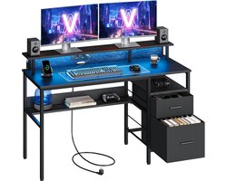 Imperatoris - Computertafel met Laden, Monitor Standaard, en LED Verlichting - Ingebouwde Stopcontacten - 2 USB Poorten - Betonlook - Gaming Bureau - Gaming Desk - Compact Game Bureau - Computerbureau voor Thuiswerk en Gaming - 55 x 135 x 90 cm