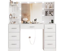 Imperatoris Grote Make-up Tafel met Spiegel en LED Verlichting – Verstelbare Helderheid, 7 Lades, 4 Open Opbergruimtes en 5 Juwelenhaken – Makeup Bureau met Stopcontacten voor Slaapkamer (Wit)
