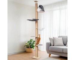 Imperatoris - Krabpaal - Krabpaal voor Katten - 6 Etages tot aan Het Plafond Reikende (280-300 cm) - Net Transparante Ruimtecapsule en Hangmat - Natuurlijk Rubberhout - Krabpaal voor Grote Katten - 55 x 51 x 37 cm - Beige