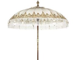 Imperatoris - LED Balinese Tuinparasol met Zwengel - Zweefparasol - Waterdichte Parasolhoes voor Zweefparasol - Balkonparasol - Marktparasol - Vulbaar en Verrijdbaar met Tuinschermen - Opdraaisysteem - 300 x 300 x 250 cm - Goud en Wit