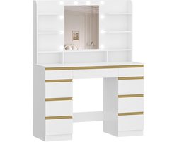 Imperatoris Make-up Tafel met Spiegel en 10 LED Verlichting – Verstelbare Helderheid, 3 Planken, 4 Open Compartimenten, Grote Lade en Kast – Modern Make-up Bureau (Wit)