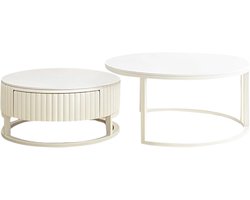 Imperatoris - Marmeren Salontafels- Eettafel met Metalen Poten - Marmer Look tafel Set met Marmeren Afwerking - Geschikt voor Eetkamers en Woonkamers-Set van 2 - ronde tafel met laden- wit