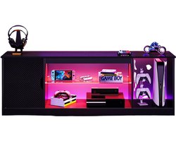 Imperatoris - TV Kast Koolstofvezel met LED-Verlichting - TV Meubel Zwart met Erstelbare Glazen Opbergrek - Lowboard - Wandmeubel TV Kasten - TV Kastje - 35 x 144,8 x 52 cm