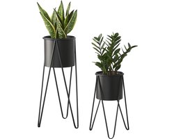 In And OutdoorMatch Bloempot Eddie - Op Standaard - Set van 2 - Metaal - Zwart - Modern design