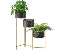 In And OutdoorMatch Bloempot Randi - Op Standaard - Messing en Zwart - Metaal - Set van 3 - Modern design