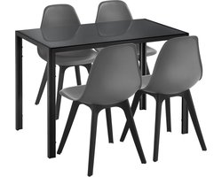 In And OutdoorMatch Eethoek Rosemary - Glazen eettafel - Met 4 zwarte en grijze stoelen - Hoogwaardig design - Stijlvolle uitstraling