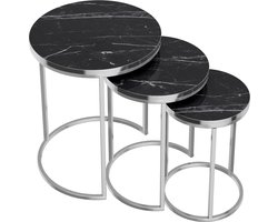 In And OutdoorMatch Salontafel Zito - Bijzettafel - Set van 3 - Rond - Marmer Zwart en Zilver - Spaanplaat en Metaal - Stijlvol design