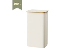 IN-HOMEXL Wasmand met Deksel 100L - Smal & Opvouwbaar - Uitneembare Waszak - Metalen Frame - Beige