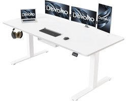 In hoogte verstelbaar bureau met kabelgoot, elektrisch instelbaar, ergonomische sta-zit werkplek, 140 x 60 cm, wit