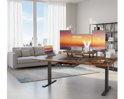 In hoogte verstelbaar Bureau met Monitorstandaard en Lade - A-Furniture - 160 x 80 cm - Vintagebruin - Gezond Werken met USB-C Aansluiting en Herinnering bij Lang Zitten