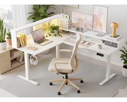 In hoogte verstelbaar L-vormig hoekbureau met LED-verlichting 160x140 cm – Ergonomisch elektrisch zit-sta bureau met geheugenfunctie, FSC-houten werkblad & T-frame – Wit – HomeByNicole
