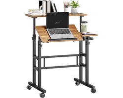 In hoogte verstelbaar zit-sta bureau 70 x 60 cm met wielen, kantelbaar blad, bruin metalen frame