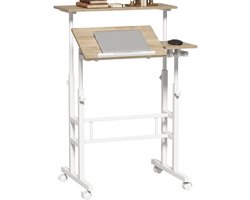 In hoogte verstelbaar zit-sta bureau 70 x 60 cm met wielen, kantelbaar blad, bruin metalen frame