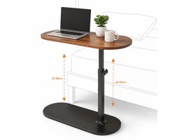 In hoogte verstelbare bijzettafel - Laptoptafel voor bank en bed - 360 graden draaibare bedtafel - Walnoot houtlook en zwart metaal - 45 x 30 cm