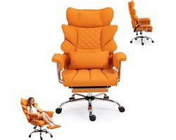 In hoogte verstelbare ergonomische bureaustoel - Bekleding van PU-leer - Brede zitting met gekruiste poten - Stevige voet - Ergonomische bureaustoel - Met gewatteerde armleuningen - Geschikt voor woonkamer en slaapkamer - Oranje