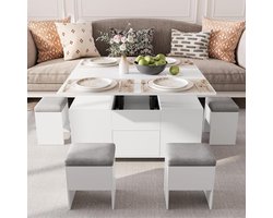 In Hoogte Verstelbare Salontafel – 4-in-1 Multifunctionele Woonkamertafel met Verborgen Opbergruimte en 4 Krukken, Wit, 108 x 105 x 68 cm