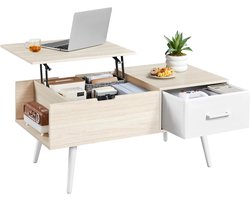 In hoogte verstelbare salontafel in houtkleur – multifunctionele bijzettafel met opbergruimte, open vakken en gedeeld blad voor woonkamer of eetkamer