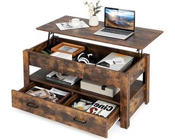 In hoogte Verstelbare Salontafel met Hefblad, Laden en Verborgen Opbergruimte - Rustiek Bruin