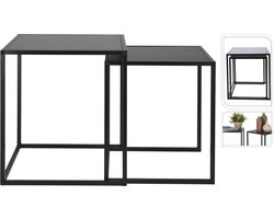 In & Out Deco Bijzettafel - Salontafel - set van 2- Zwart Metaal - Hout Zwart - Hoog 34 en 37 cm