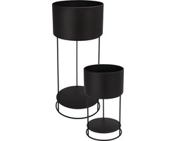 In & Out Deco Plantenstandaard - Bloemenstandaard met bloembak - Set van 2 - Zwart metaal - Hoog 35 en 57 cm