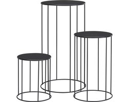 In & Out Deco plantentafels - bijzettafels - set van 3 stuks - rond - metaal zwart met zwart houten bovenblad
