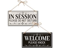 In Session Please Do Not Disturb Sign Welcome Please Knock Wood Outdoor Sign Houten Hangend Bord Houten Plaquette met Jute Touw Rustieke Wall Art Decor voor Kantoor Woondecoratie Geschenken