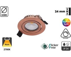 Inbouw LED Spot Koper- 5W - 420 Lumen - 2700K Warm Wit - Kantelbaar - IP44 - Dimbaar - CRI90 - Gatmaat 72mm