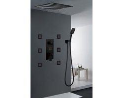 Inbouw Regendouche met Thermostaatkraan en 6 massagejets, type: H019, met 30 cm regendouche, materiaal: RVS 304, kleur: Mat Zwart