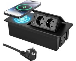 Inbouw Stopcontact - Bureau Socket Uitschuifbaar Stopcontact - Werkplek Organiseren - Met USB en Draadloos Laden - 3 Stopcontacten - Zwart