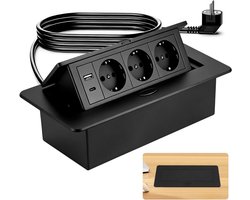 Inbouw stopcontact - Tafelstekkerdoos met USB - Bureau organiseren - Aluminium behuizing - 3-voudig - Zwart