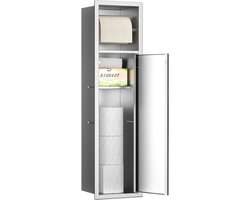 Inbouw toiletpapierhouder - Badkameraccessoires - Roestvrij staal - Toiletborstelset - Badkamerkast - Met toiletpapierhouder - Met kastdeuren - Geborsteld - Geschikt voor toilet - 63 x 15 x 15 cm